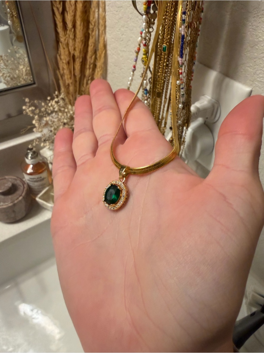 Gold Necklace with Emerald Green Pendant